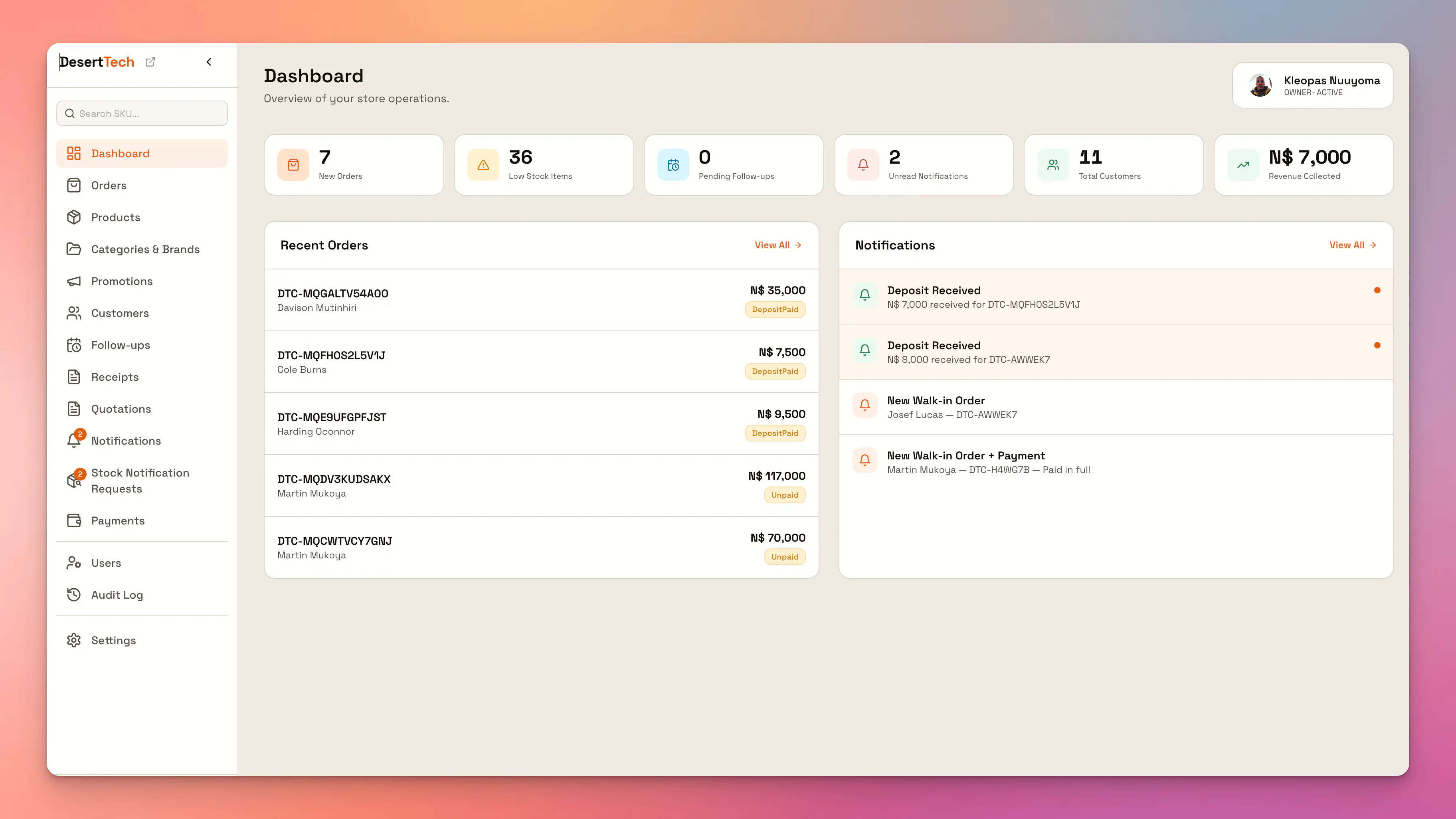 Desert Technology administration dashboard showing business statistics, recent activity, and management shortcuts.